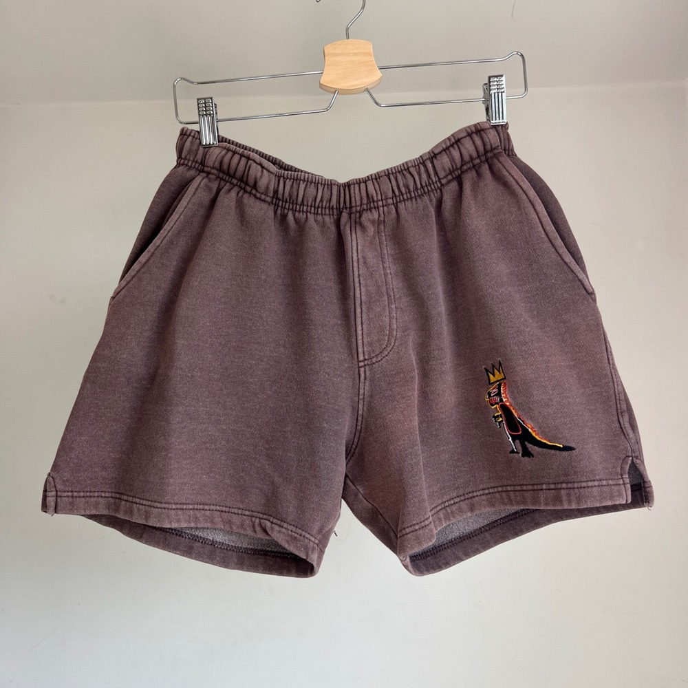 Jean-Michel Basquiat Shorts Medium Mens Brown Dinosaur Embroidered Sweatshorts